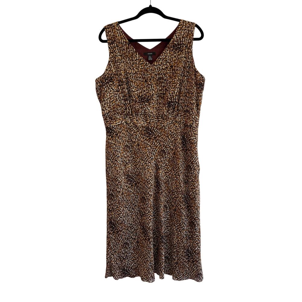 100% Silk Animal Print Midi Dress Alfani Brown Boho Chic Resort Wear Size 16